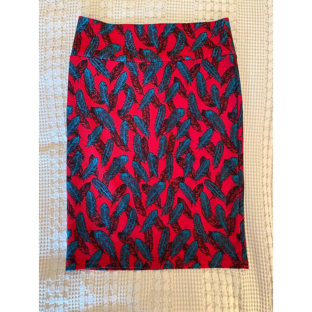LulaRoe Red Green Pencil Stretch Mid Knee‎ Skirt Size Large Stylish Comfortable